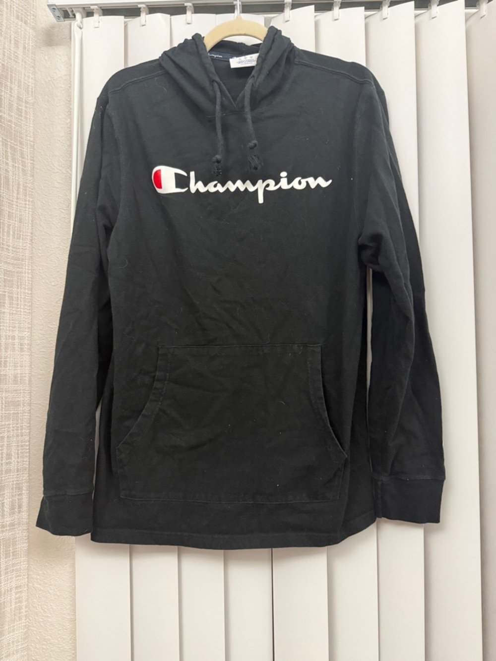Champion Black Hoodie with White Script and Red Logo Accent